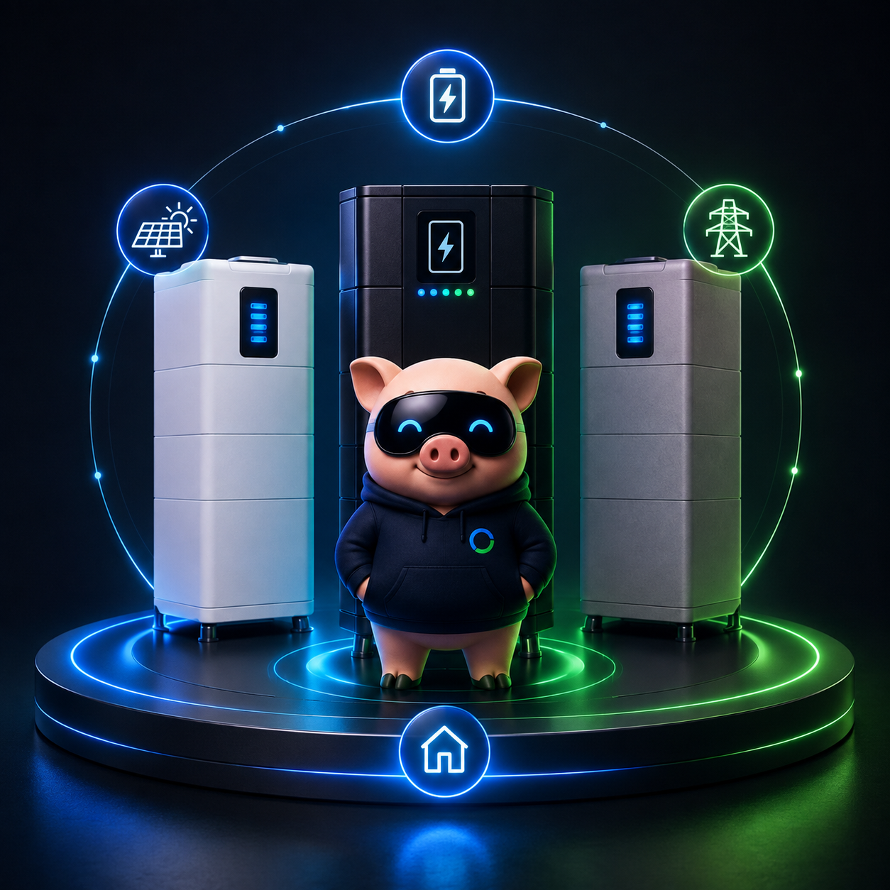 Solar, battery, grid and home linked around the GridPiggy mascot on a lit podium